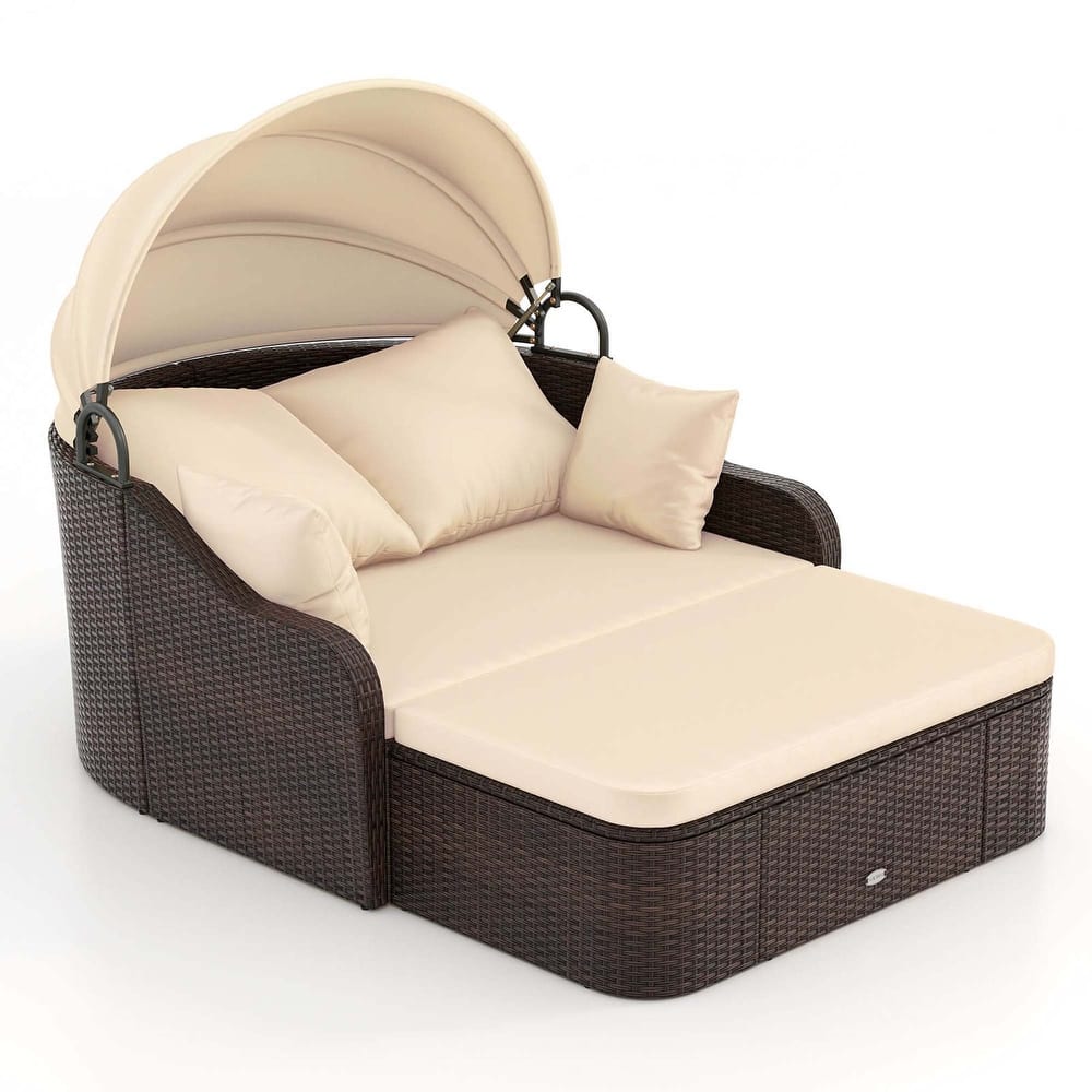 Gymax Outdoor PE Rattan Daybed w/ Retractable Canopy Soft Cushions &