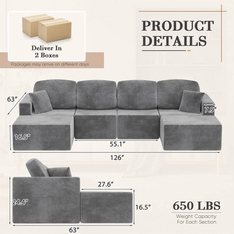 126" Modular Sectional Sofa, U Shaped Cloud Couches for Living Room, Upholstered Boneless Couch with Ottoman