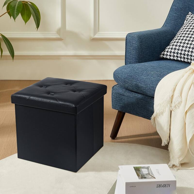2 PC Storage Folding Ottoman, Storage Footrest Stool, Faux Leather Storage Bench Cube with Padded Seat for Small Space