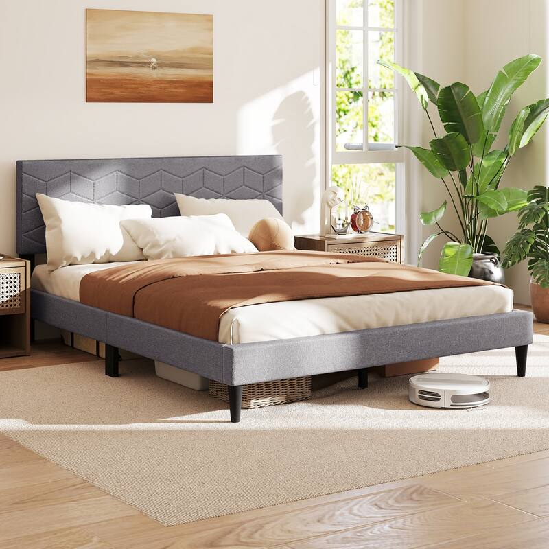 Grey Upholstered Bed Frame with Linen Headboard and Low-Profile Design Box-Spring-Free Setup
