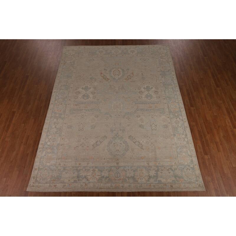 Beige Floral Oushak Turkish Area Rug Hand-Knotted Wool Carpet - 9'0"x 11'9"