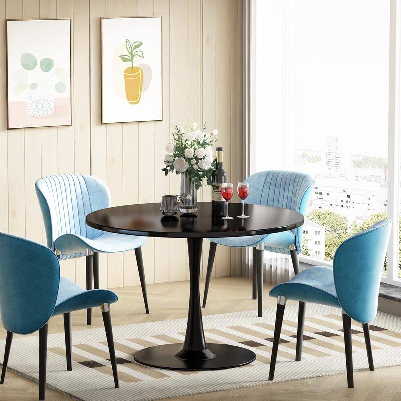 Grondin Mid-Century Modern Round Kitchen or Dining Table with Premium MDF Top and Steel Pedestal Base for Dining Room