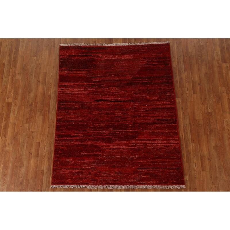 Hand Knotted Oriental 100% Wool Carpet Modern Stripe Red Moroccan Area Rug - 6' 4'' X 5' 2''