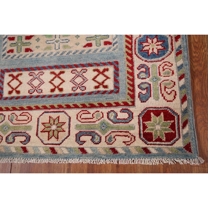 Blue Kazak Oriental Runner Rug Hand-Knotted Geometric Wool Carpet - 3'3" x 16'3"