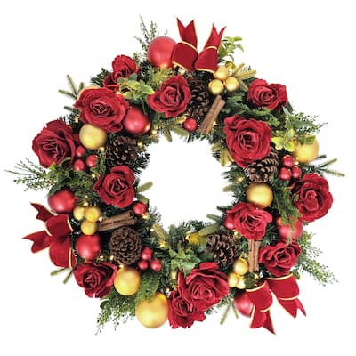 Puleo International 26" Pre-Lit Artificial Adorned Christmas Wreath