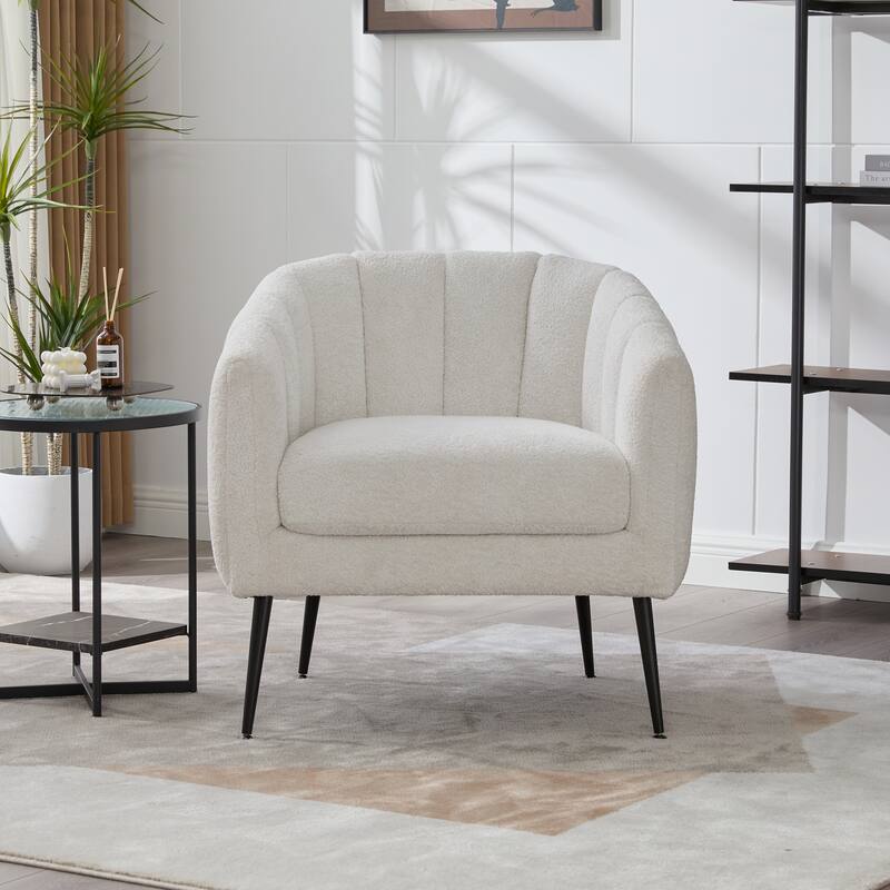 29.9" Upholstered Chenille Vanity Barrel Accent Chair with Metal Legs, Channel Tufted Lounge Chair Round Leisure Armchair
