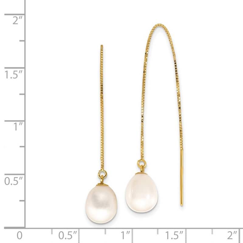 Curata 14k Yellow Gold 7-8mm White Teardrop Freshwater Cultured Pearl Box Chain Threader Earrings (90mm)