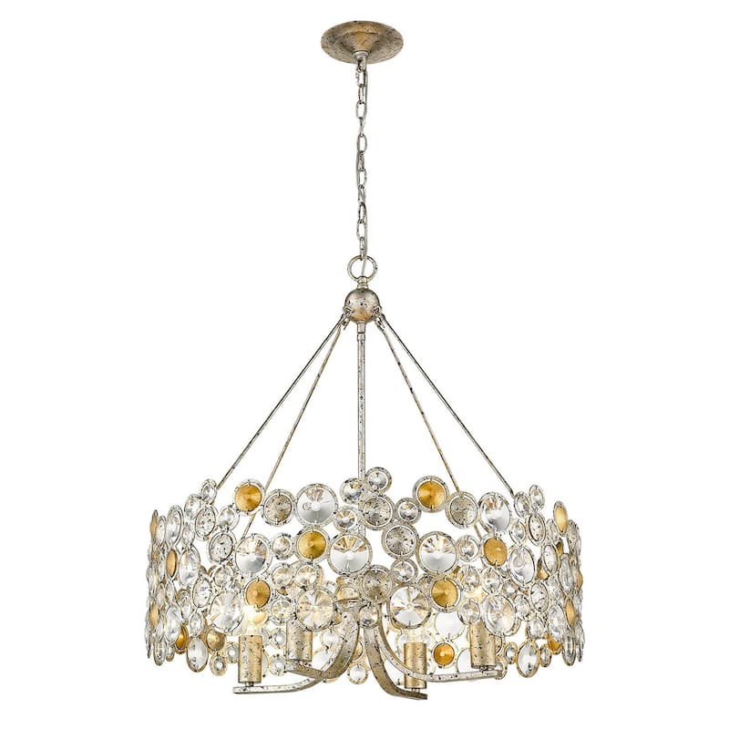 HomeRoots Silver Shaded Four Light Metal and Crystals Dimmable Chandelier With Silver Shades - 27.25' X '28.5' X '27.25