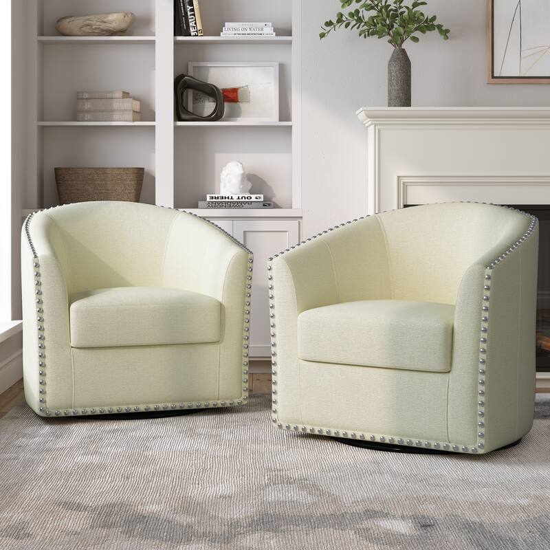 Nailhead Trim Upholstered Swivel Accent Chairs Set of 2 - White