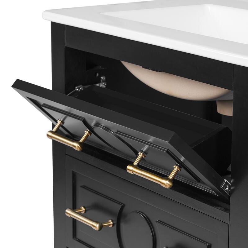 Roomfitters 24 Inch Bathroom Vanity with Ceramic Sink Combo, Free Standing Solid Wood Frame Cabinet with 3 Sliding Tiers