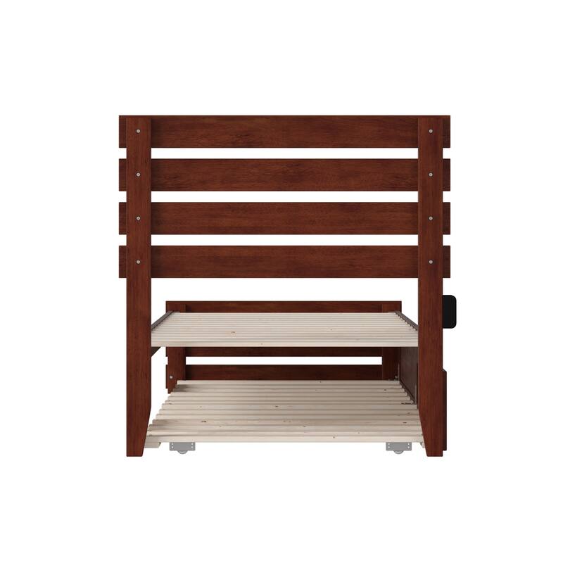 Twin XL Platform Bed with Footboard & Trundle - USB Charger - Modern Walnut Finish
