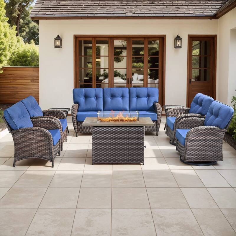 Gymojoy Outdoor Wicker Patio Furniture Sofa Set with 55,000 BTU Fire Pit Table, Swivel Chairs & Thick Cushions - Brown Wicker / Blue Cusion - 8-Piece