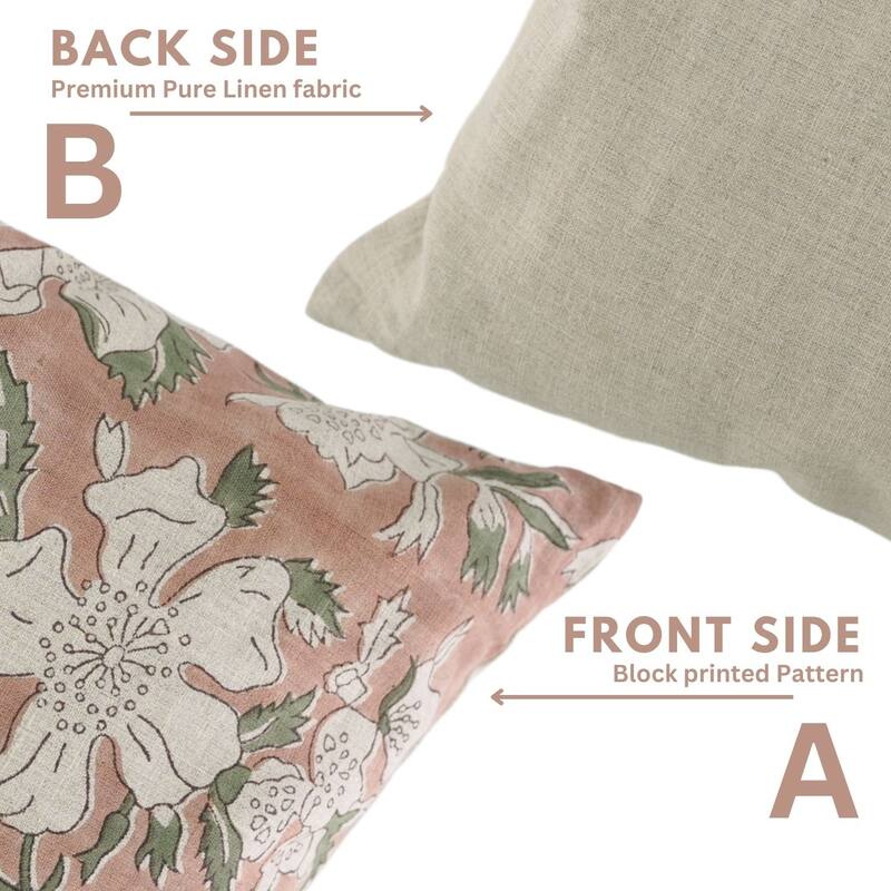 Fabdivine Block Print 12x20 Inch Pillow Cover Pure Linen Floral Farmhouse Decor Accent for Brown Soft, Cushion Case, Kanak Buti