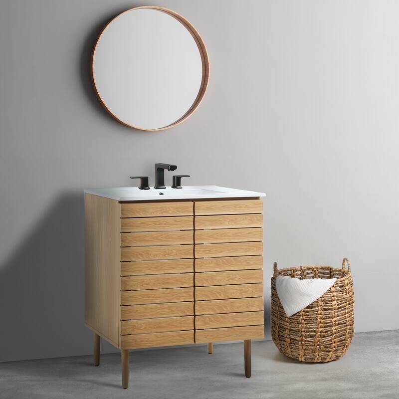 Calandre Thick Linear Slat Modern Farmhouse 2-Shelf Bath Vanity Cabinet Only (Sink Basin not Included), by JONATHAN Y