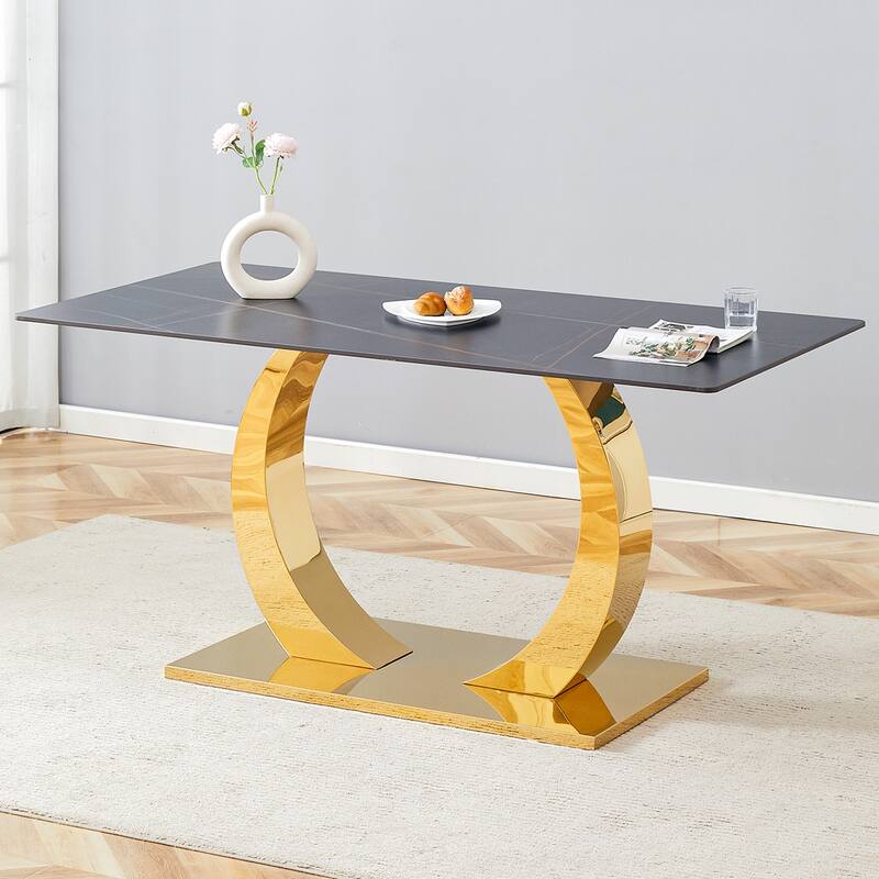 Luxury Sintered Stone Table: Black Marble Finish & Stainless Steel Base - A Stunning Centerpiece for Any Dining Space.
