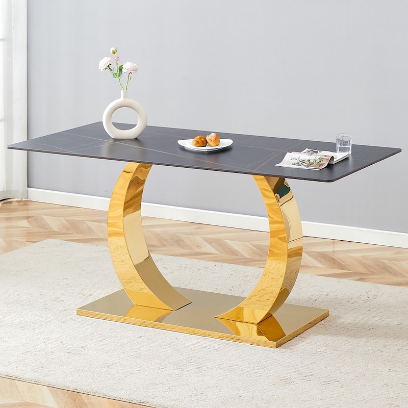 Sintered Stone Dining Table,Rock Slab Desktop,Burnt Stone With Marble Texture Sticker, Stainless Steel Metal Table Legs