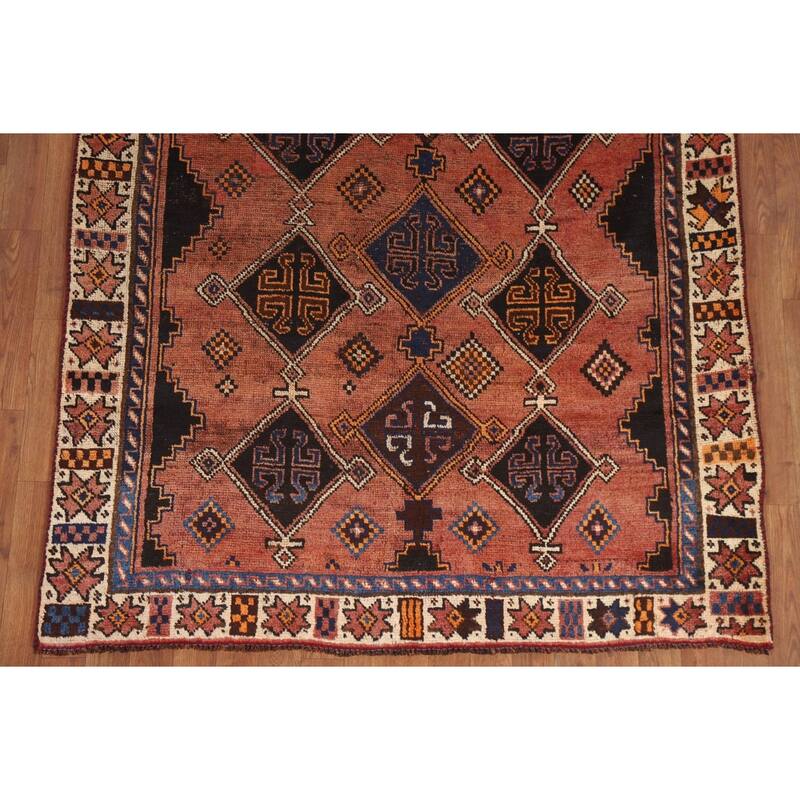 Hand Knotted Oriental 100% Wool Carpet Traditional Geometric Oranges & Rust Qashqai Area Rug - 9' 1'' X 4' 9''