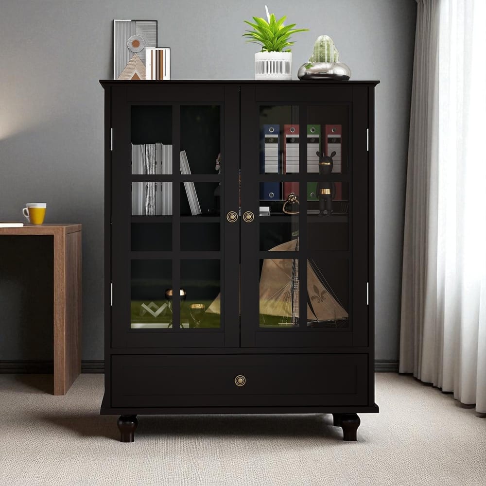 Modern Wooden Buffet Cabinet with Double Glass Doors & Drawer, Storage Sideboard for Dining Room & Entryway