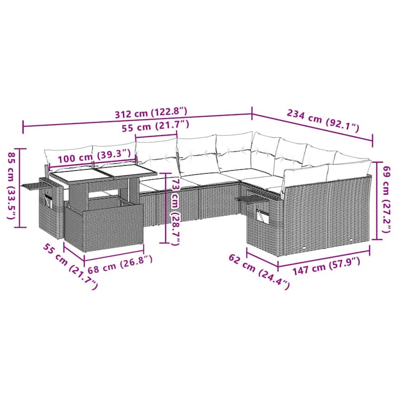 vidaXL Patio Sofa Set with Cushions Outdoor Furniture 10 Piece Poly Rattan - 24.4 x 24.4 x 27.2