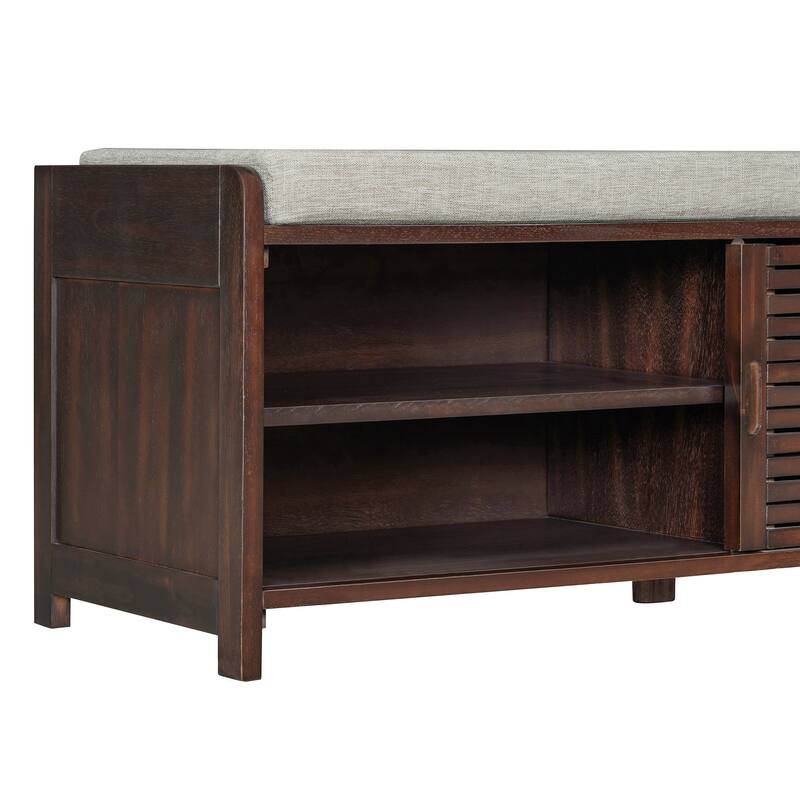 Shoe Storage Bench with Padded Seat Cushion and 2 Sliding Distressed Shutter Doors, Entryway Shoes Bench Storage Ottoman