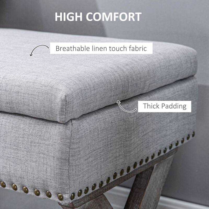 Grey Upholstered Storage Shoe Bench with Nail head Trim for Entryway Bedroom or Living Room Seating