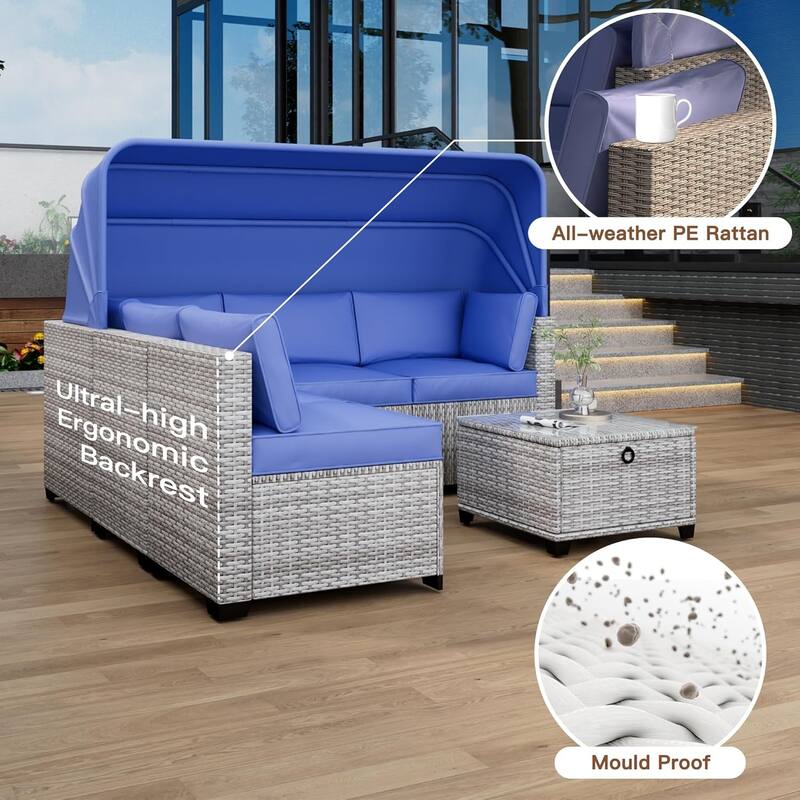 6-Piece PE Rattan Patio Sectional Set, Weather-Resistant Furniture, Retractable Canopy, Adjustable Backrest, Outdoor