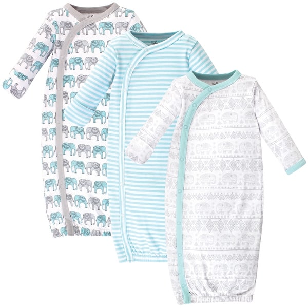 slide 1 of 1, Touched by Nature Baby Boy Organic Cotton Side-Closure Snap Long-Sleeve Gowns 3pk, Mint Gray Elephant 0-6 Months - Mint Gray Elephant