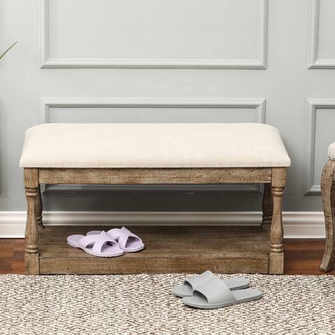 Upholstered Beige Linen Entryway and Bedroom Bench - 17.75" H x 35.5" W x 15.75" D