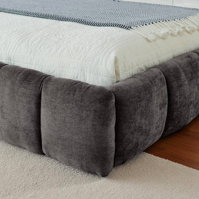 California King Upholstered Platform Bed, Thick Chenille, Low-Profile Headboard, No Box Spring, 90.5 x 80.5 x 31 in