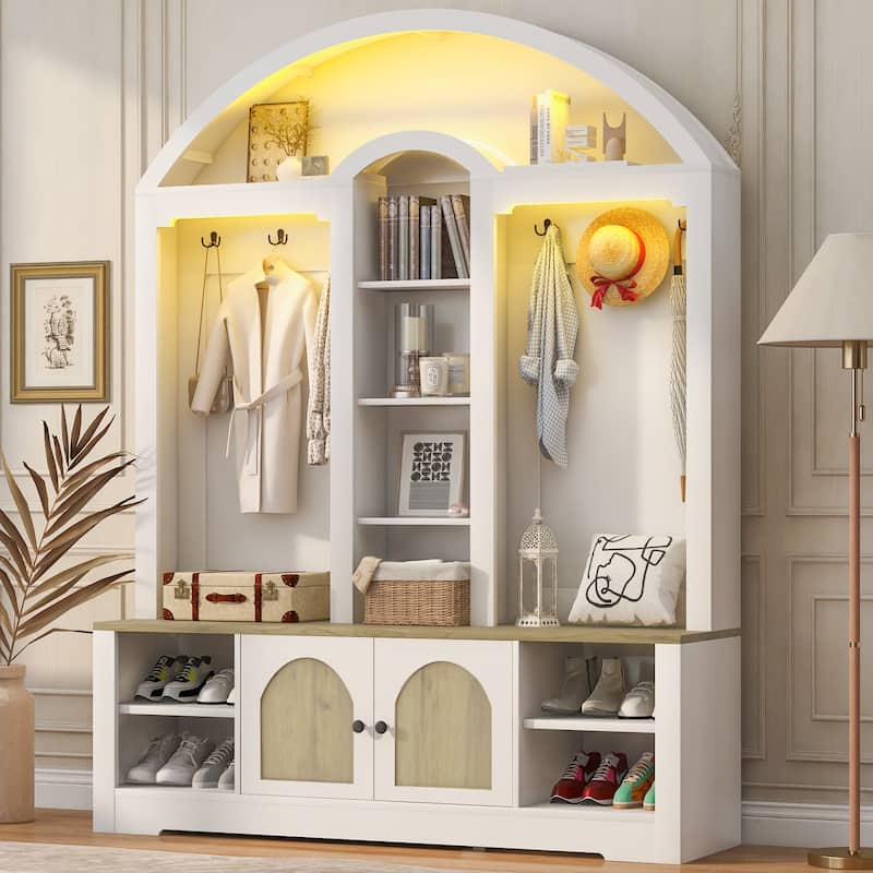 Multi-functional Wardrobe with Curved Design, Shoe Rack & Hooks - White+Walnut