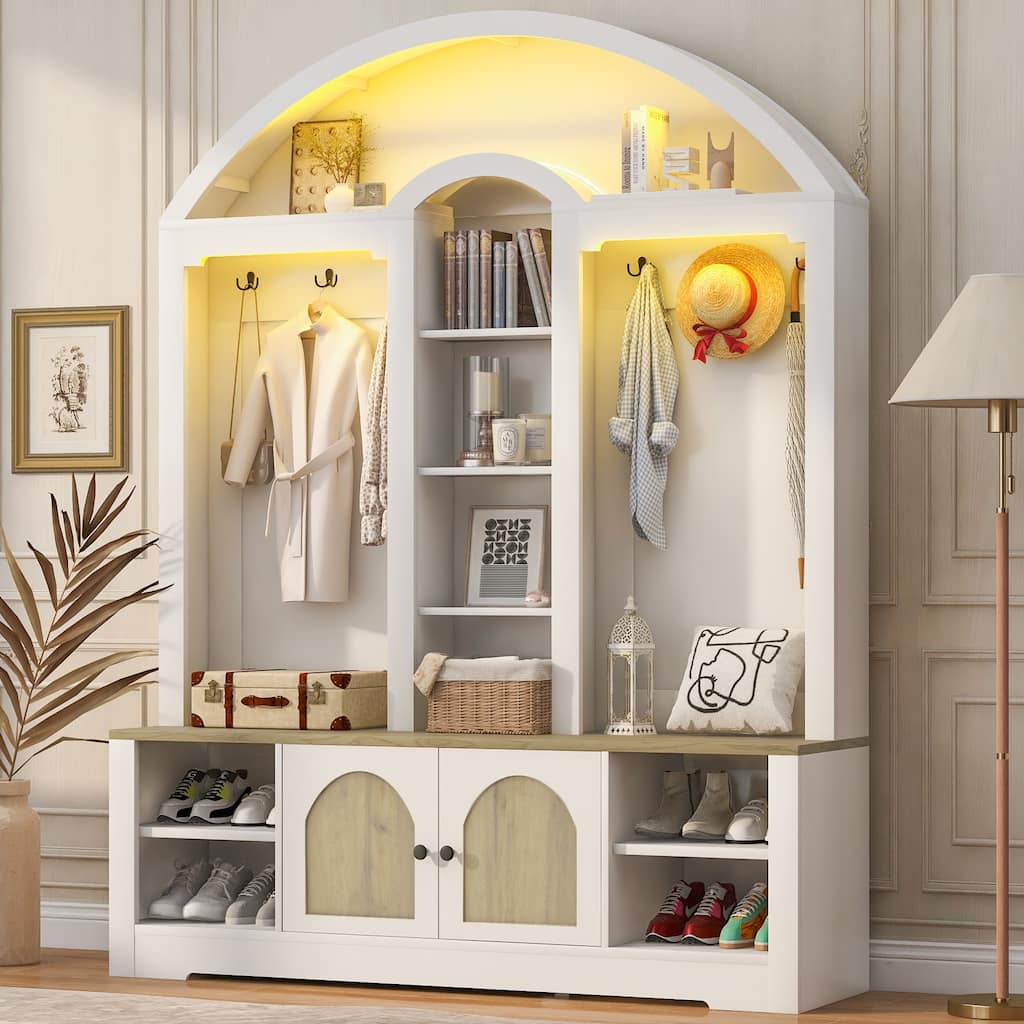 Multi-functional Wardrobe with Curved Design, Shoe Rack & Hooks