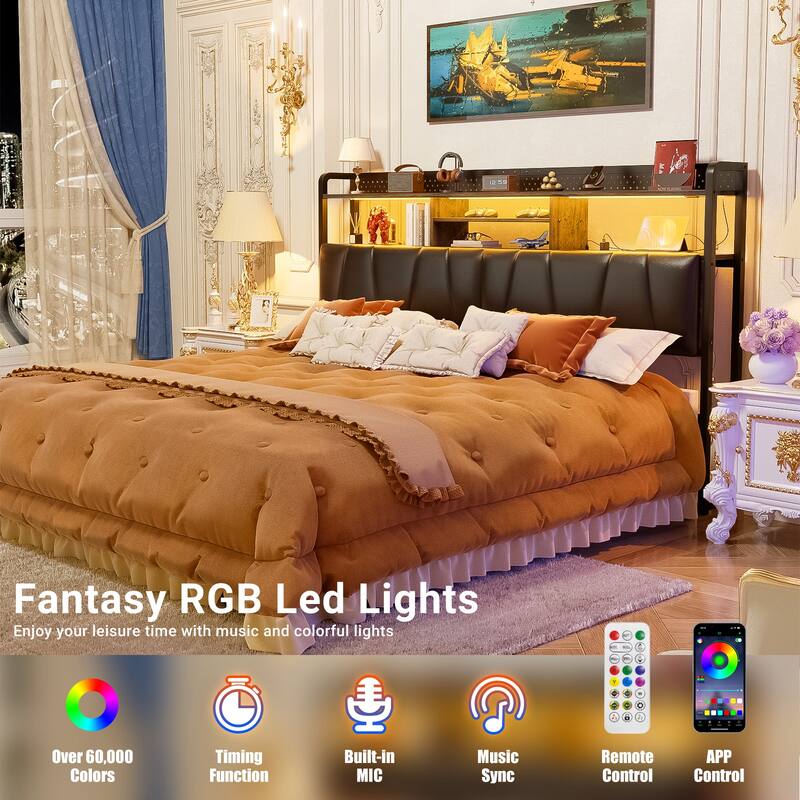 Upholstered Headboard with Pegboard and Charging Station, Storage Headboard Shelves and LED Light