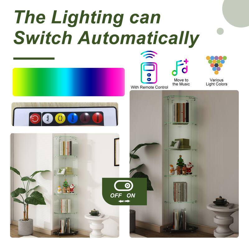 4-Tier Tempered Glass Display Case with 5-Mode Dynamic LED Lighting, Diamond Curio Cabinet for Collectibles Home Showcase