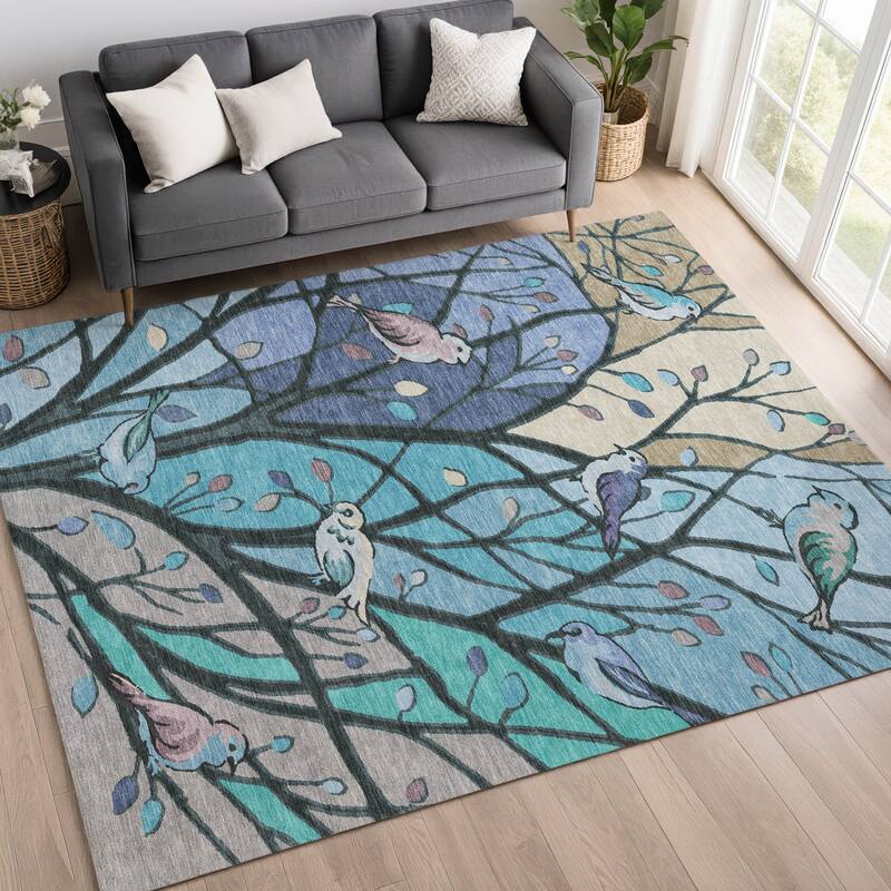 Machine Washable Indoor/ Outdoor Bird Mosaic Chantille Rug
