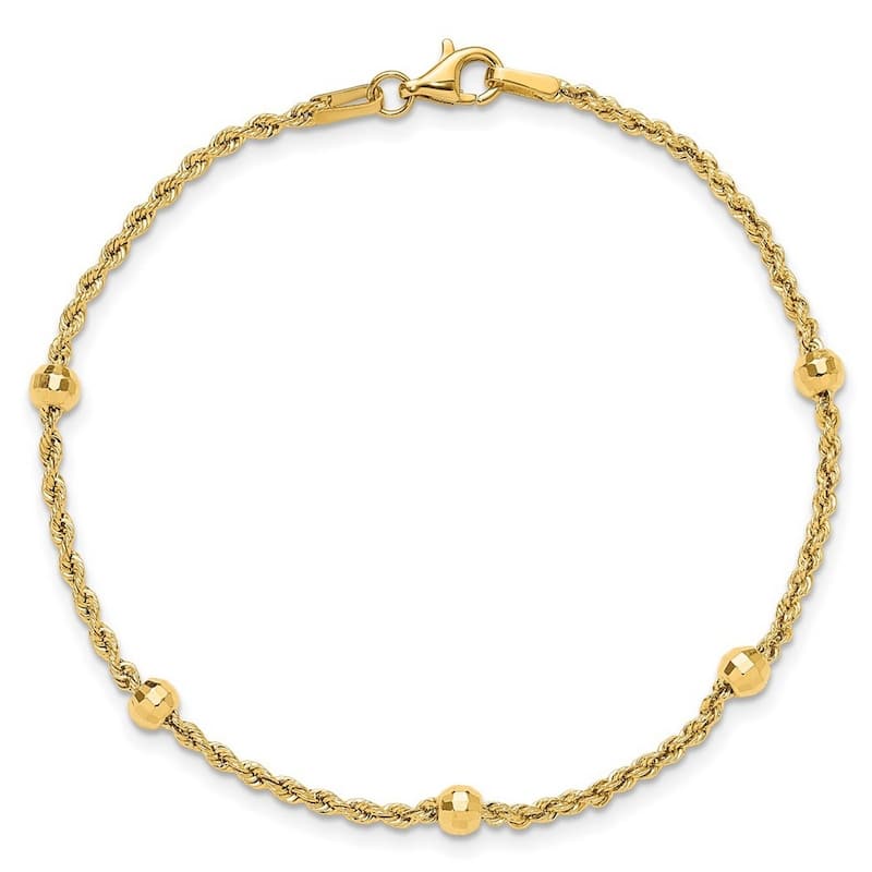 Curata 14k Yellow Gold 7.5" 3.9mm Diamond Cut Beaded Rope Chain Bracelet