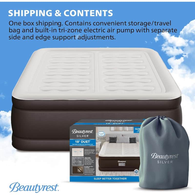 Beautyrest 18" Duet Queen Size Air Mattress - Adjustable Plush/Firm Sides, Edge Support, High-Speed Pump