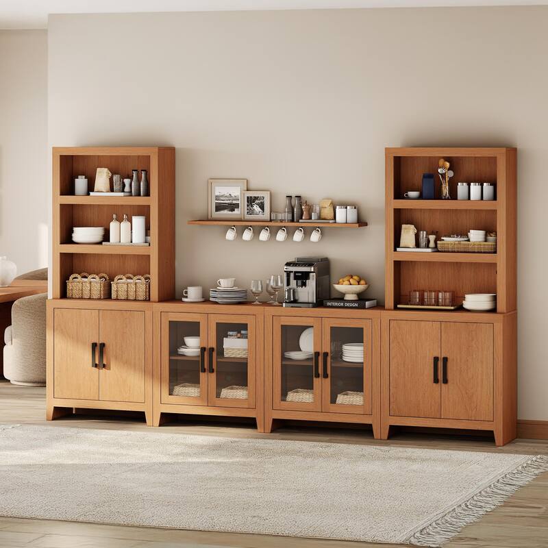 WAMPAT Large Entertainment Center with Bookshelves, Farmhouse TV Stand with Storage Cabinets & Glass Doors