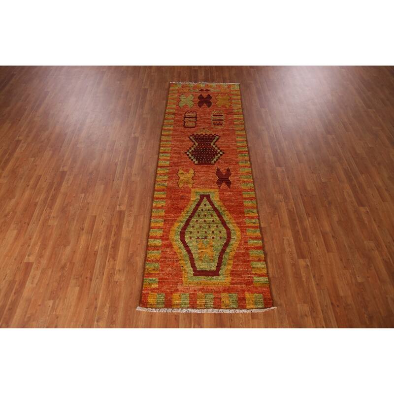 Geometric Orange Moroccan Oriental Runner Rug Hand-Knotted Wool Carpet - 3'1" x 9'9"