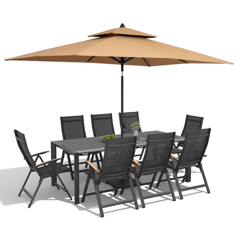 9/11-Piece Outdoor Patio Dining Set Aluminum Dining Table and Chairs w/10 ft Market Umbrella and Base with Wheels