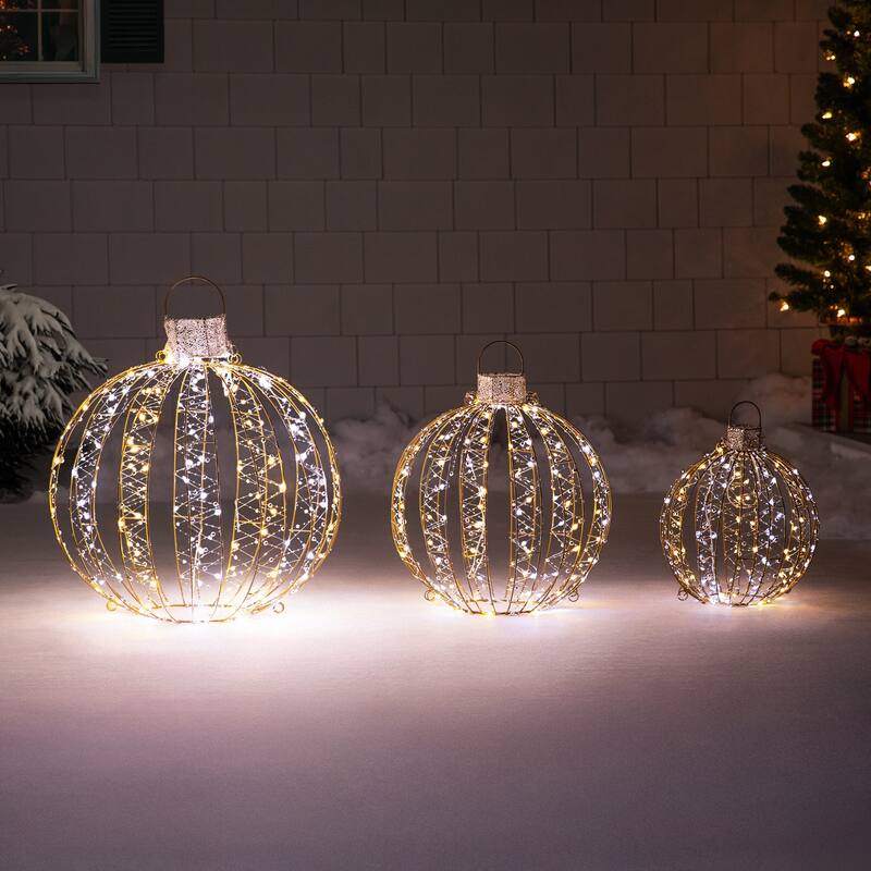 LED Lighted 3D Beaded Ball Ornament Outdoor Christmas Decorations - Candlelight Clear - Set of 3 - Gold