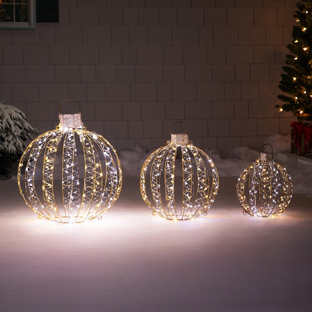 LED Lighted 3D Beaded Ball Ornament Outdoor Christmas Decorations - Candlelight Clear - Set of 3 - Gold