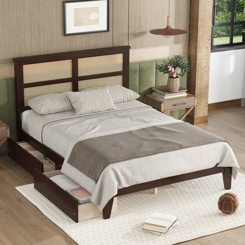 Full Size Bed with Rattan Headboard, Two Storage Drawers, Rubber Wood Frame, Espresso Finish