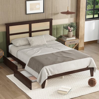Wood Frame Bed with Rattan Headboard, 2 Drawers