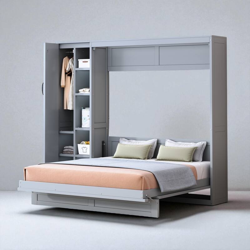 Full/Queen Size Murphy Wall Bed with Shelves, Wardrobe, LED Lights - Space-Saving Design