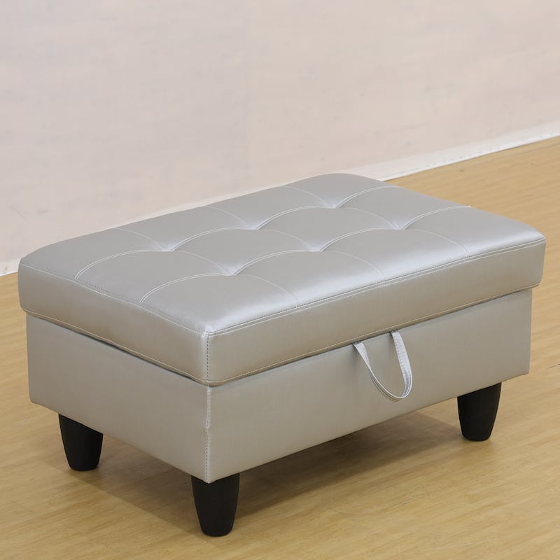 Modern Silver White Faux Leather Storage Ottoman Foot Rest