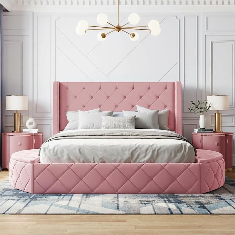 Queen Size Velvet Upholstered Platform Bed with Wingback Headboard, Tufted Design & Hidden Storage Solutions - Pink