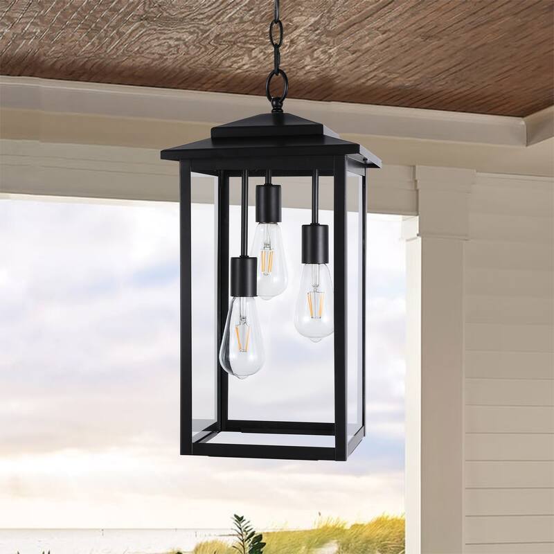 3-Light Large Outdoor Hanging Pendant Light with Glass