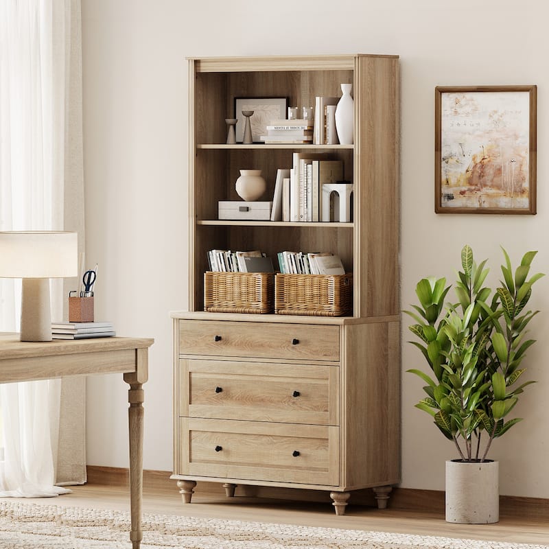 Oak Bookcase with Doors, Large Wood Farmhouse Book Case Shelf