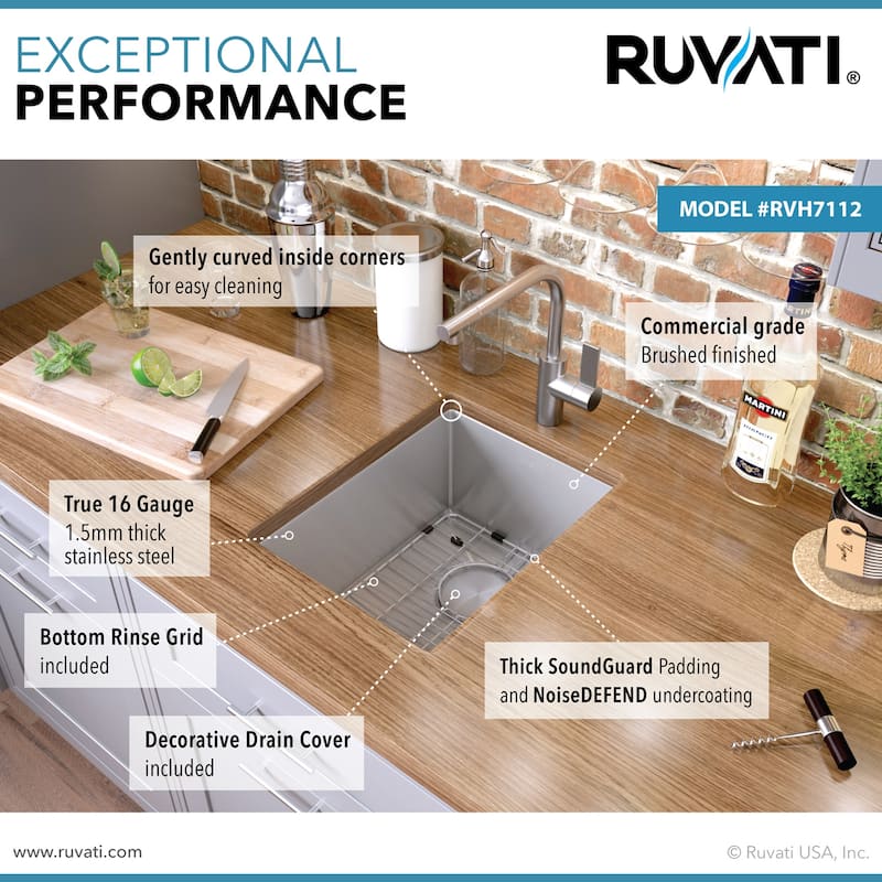 Ruvati 12 inch Undermount Bar Prep Tight Raduis 16 Gauge Kitchen Sink Stainless Steel Single Bowl - RVH7112