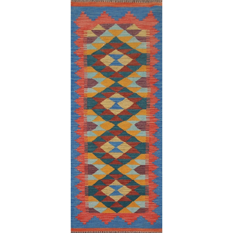 Geometric Multicolor Kilim Runner Rug Hand-Woven Wool Carpet - 2'2"x 6'6"